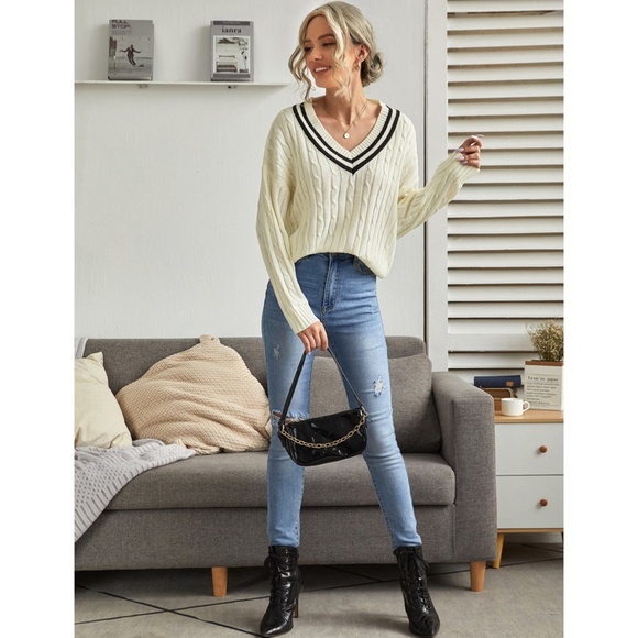 Contrast Trim V Neck Dorp Shoulder Sweater - Picture 5 of 7